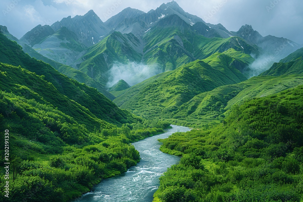 Naklejka premium Lush green valley with winding river and mountain backdrop