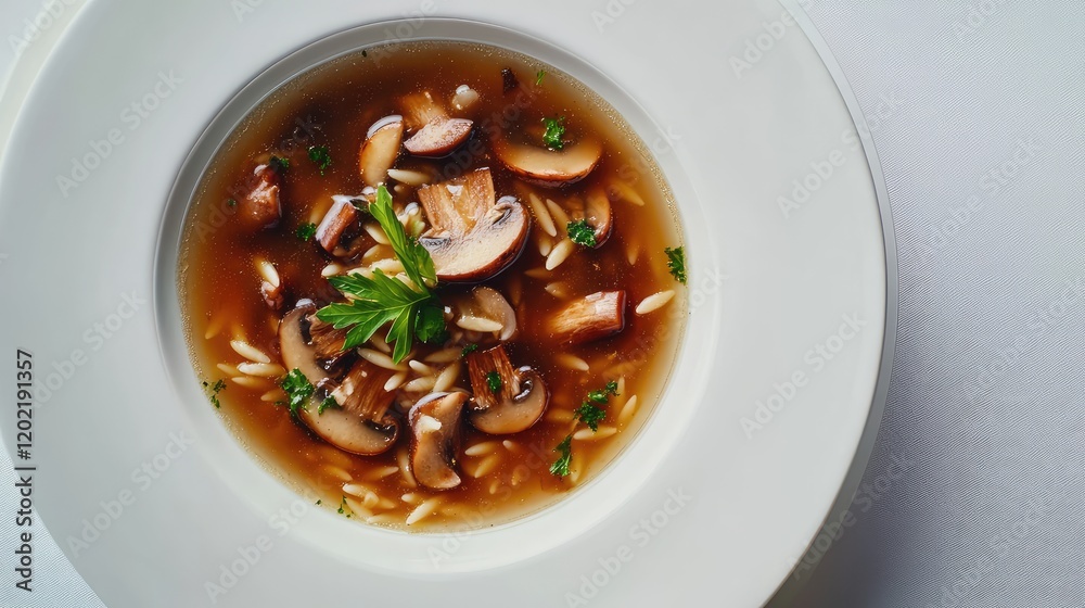 Mushroom soup with orzo pasta garnished with parsley in a white bowl on a white background Copy Space Mushroom soup with orzo pasta garnished with parsley in a white bowl on a white background Copy Space
