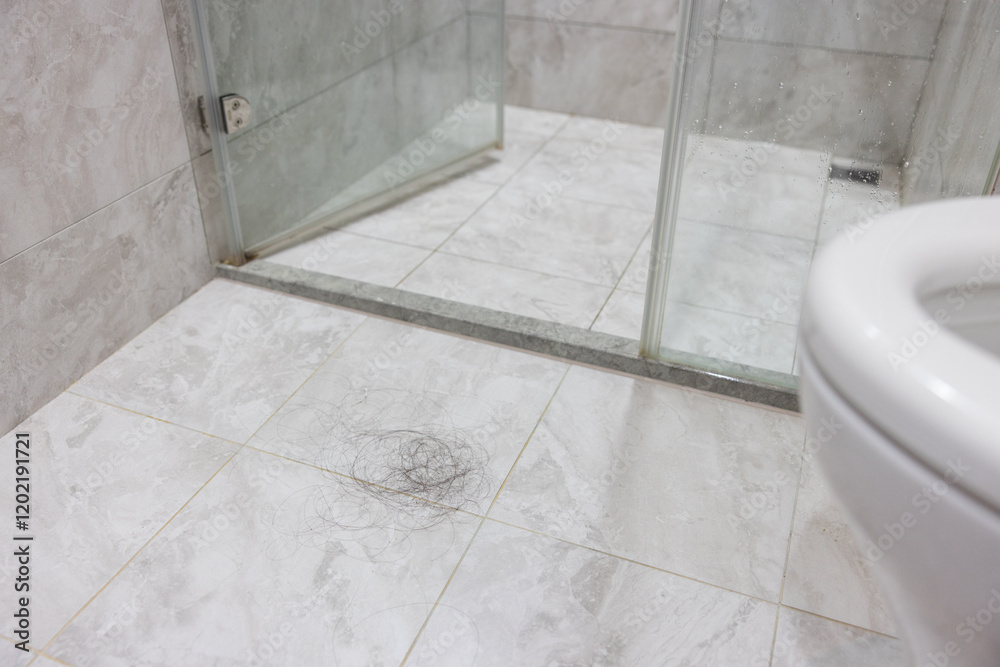 Loose hair strands on shower floor