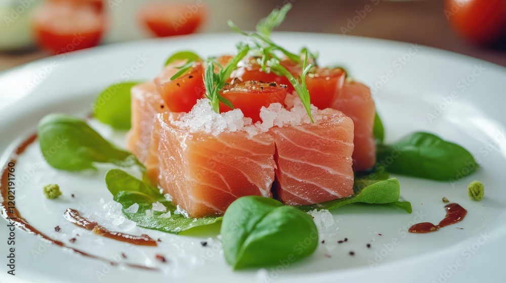 Fresh salmon tartare with diced tomatoes, basil leaves, and garnished with herbs on a white plate with sauce drizzle and copy space. Fresh salmon tartare with diced tomatoes, basil leaves, and garnished with herbs on a white plate with sauce drizzle and copy space.