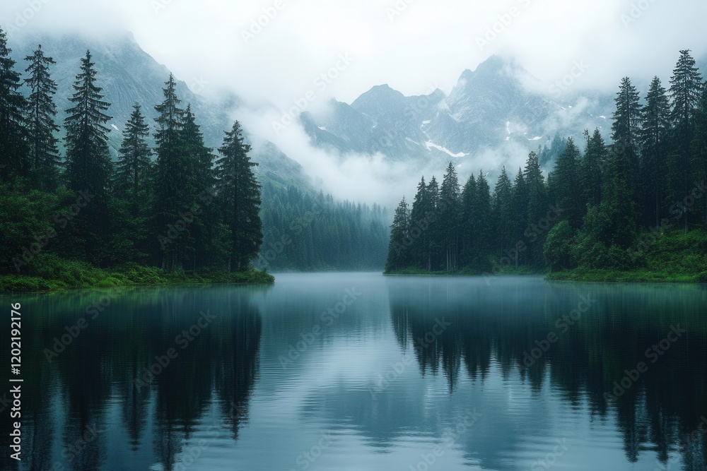 misty mountain landscape during gentle rainfall, with ethereal fog rolling through pine forests and reflecting in still lakes misty mountain landscape during gentle rainfall, with ethereal fog rolling through pine forests and reflecting in still lakes