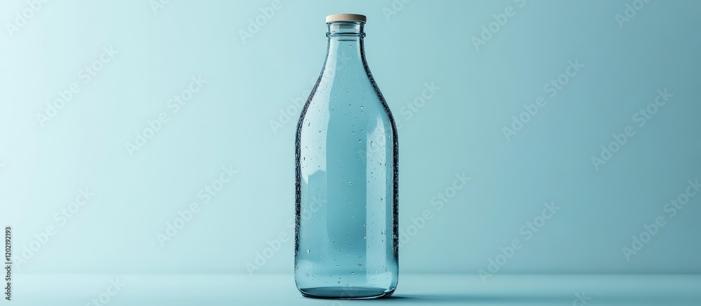 Glass water bottle on blue background with reflection and copy space for text placement. Glass water bottle on blue background with reflection and copy space for text placement.