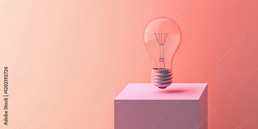 A clear light bulb hovers effortlessly above a pastel pink pedestal, showcasing a modern minimalist design in a well-lit studio environment A clear light bulb hovers effortlessly above a pastel pink pedestal, showcasing a modern minimalist design in a well-lit studio environment