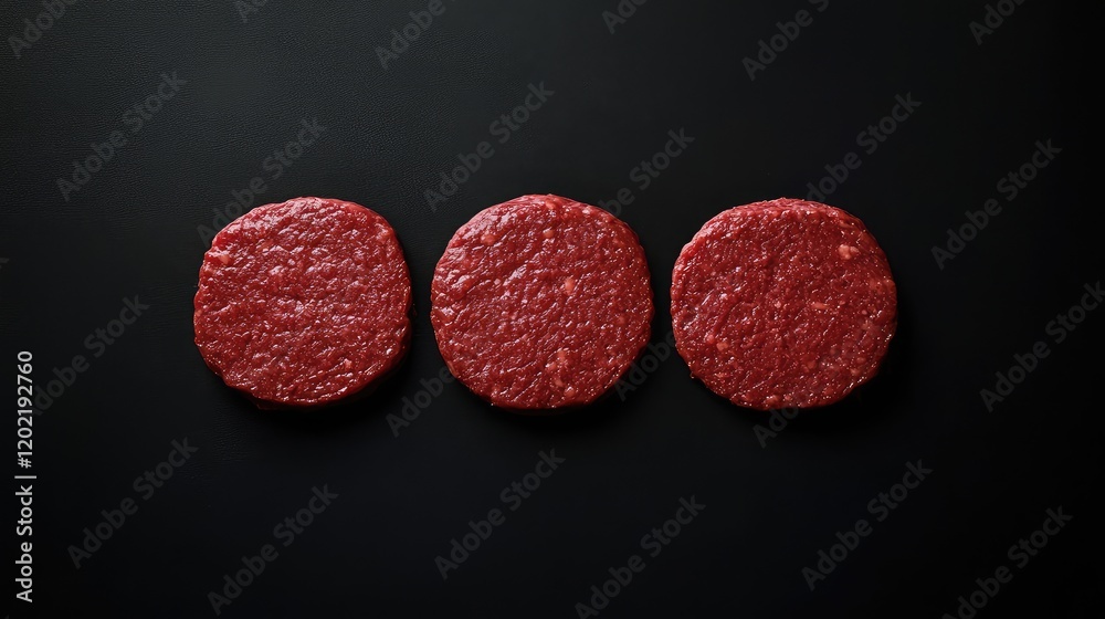 Raw beef burger patties on a black surface with copy space for text placement Raw beef burger patties on a black surface with copy space for text placement