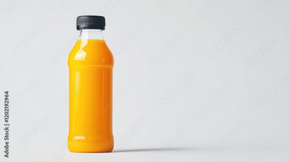 Bright orange drink in plastic bottle on light background with copy space Bright orange drink in plastic bottle on light background with copy space