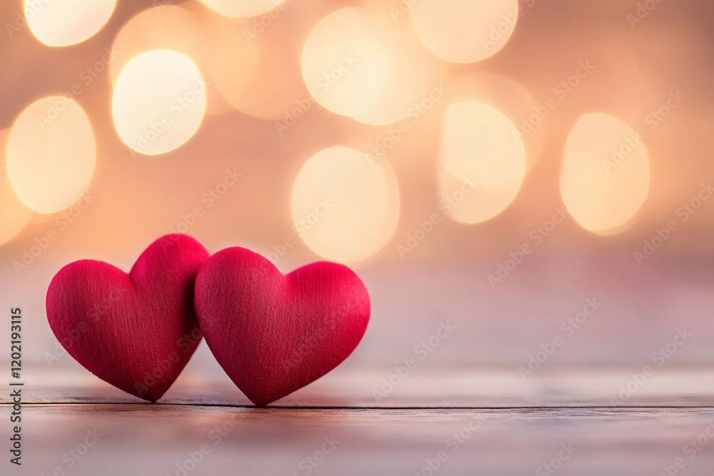 Two red wooden hearts on wooden surface with soft bokeh background, creating romantic atmosphere perfect for expressing love and affection Two red wooden hearts on wooden surface with soft bokeh background, creating romantic atmosphere perfect for expressing love and affection