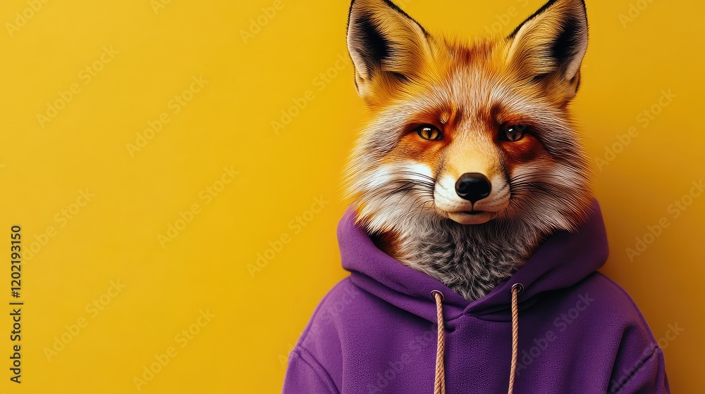 Obraz premium Realistic fox character wearing a purple hoodie against a bright yellow background with Copy Space for text insertion