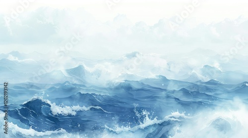 a watercolor painting of a large wave crashing into the shoreline in the ocean