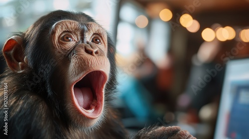 A curious chimpanzee with a wide-open mouth expresses surprise and curiosity while observing something unexpected on a computer screen, reflecting discovery. photo