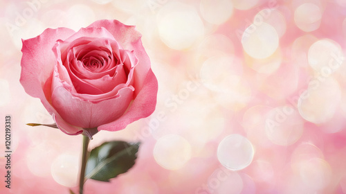 beautiful pink rose with soft petals stands against dreamy bokeh background, evoking feelings of romance and elegance. Perfect for expressing love and affection