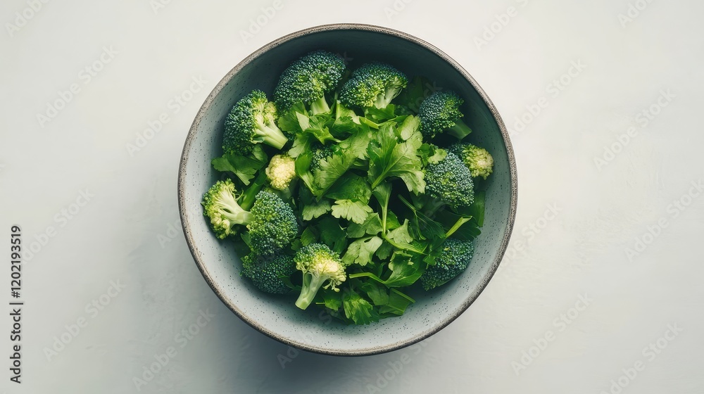 Fresh broccoli and cilantro salad in a gray bowl on a light background with Copy Space for text placement Fresh broccoli and cilantro salad in a gray bowl on a light background with Copy Space for text placement