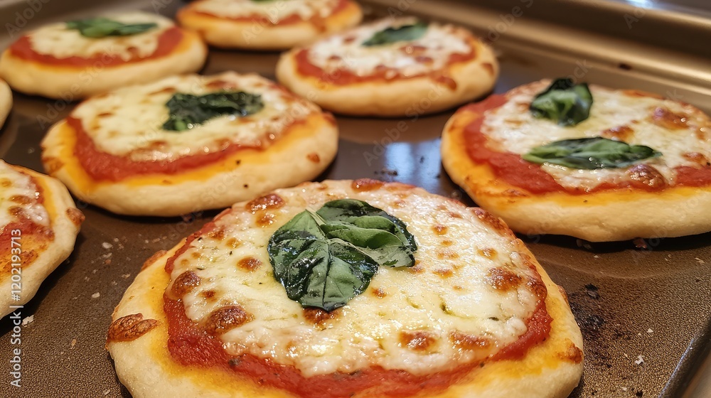Mini pizzas topped with mozzarella cheese and fresh basil on a baking tray with copy space for text Mini pizzas topped with mozzarella cheese and fresh basil on a baking tray with copy space for text
