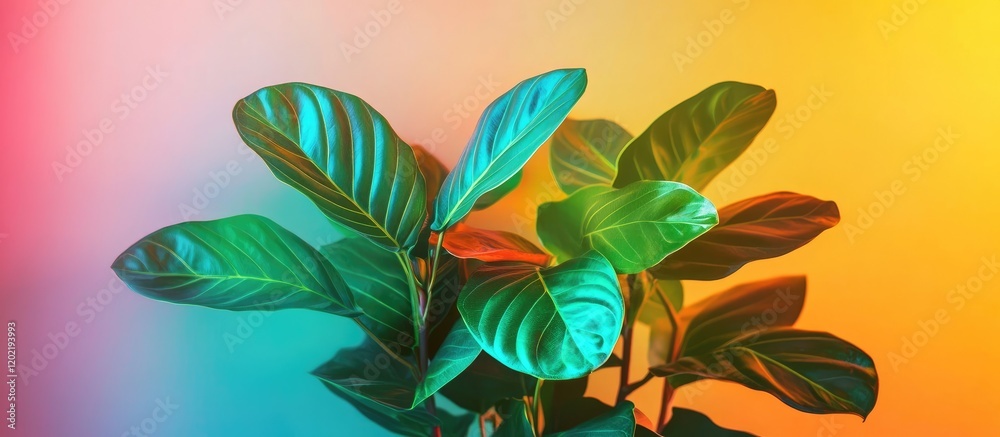 Fototapeta premium Green ornamental plant with glossy leaves against a colorful gradient background Copy Space