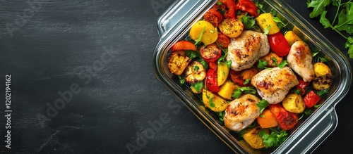Roasted chicken and mixed vegetables in glass baking dish with dark background and copy space for text