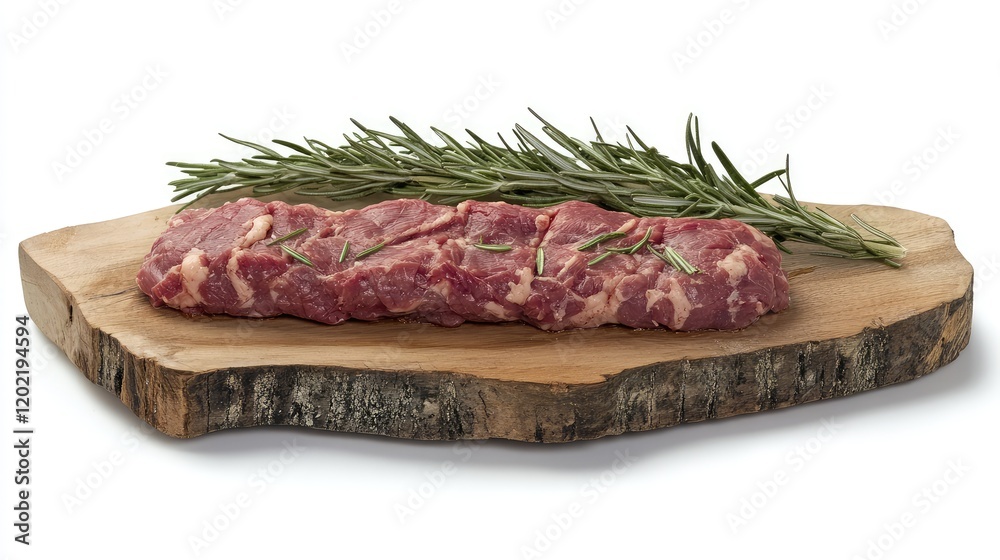 Raw meat steak on wooden cutting board with fresh rosemary herbs on white background Copy Space Raw meat steak on wooden cutting board with fresh rosemary herbs on white background Copy Space