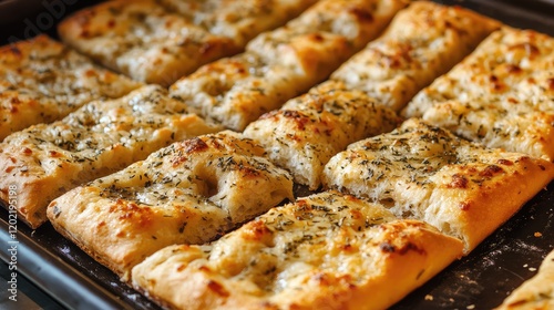 Wallpaper Mural Freshly baked, golden brown focaccia bread topped with herbs and garlic on a baking sheet with Copy Space Torontodigital.ca