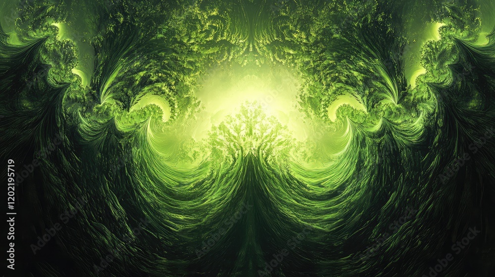 Abstract green fractal waves with swirling patterns and bright center glow suitable for backgrounds and design projects Copy Space Abstract green fractal waves with swirling patterns and bright center glow suitable for backgrounds and design projects Copy Space