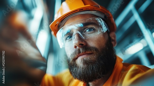 A male construction worker with a stout beard and hard hat intensely focuses on his work, donned in safety gear, amidst a dynamic construction site. photo