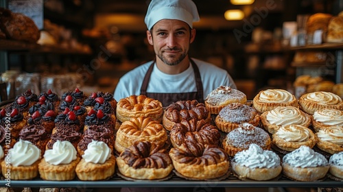Delightful Pastry Display at Artisan Bakery Featuring Wide Variety of Freshly Baked Goods and Smiling Chef with Signature Hat Ready to Serve Customers