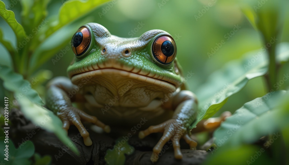 Fototapeta premium Green frog with red eyes sitting amongst green leaves. 