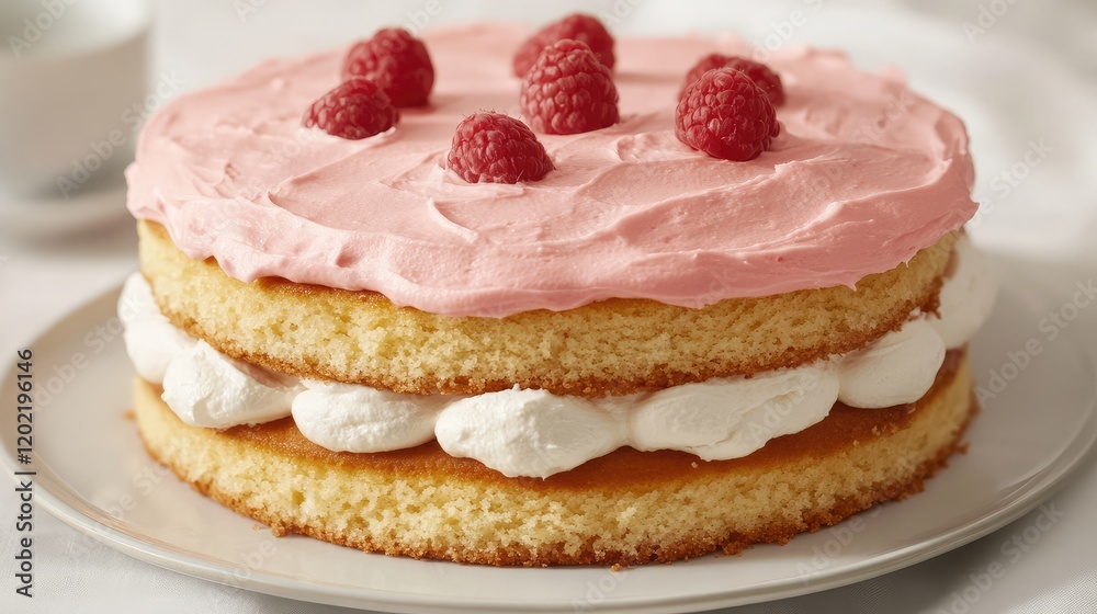 Layered sponge cake with raspberry frosting and fresh raspberries on top on a white plate with Copy Space Layered sponge cake with raspberry frosting and fresh raspberries on top on a white plate with Copy Space