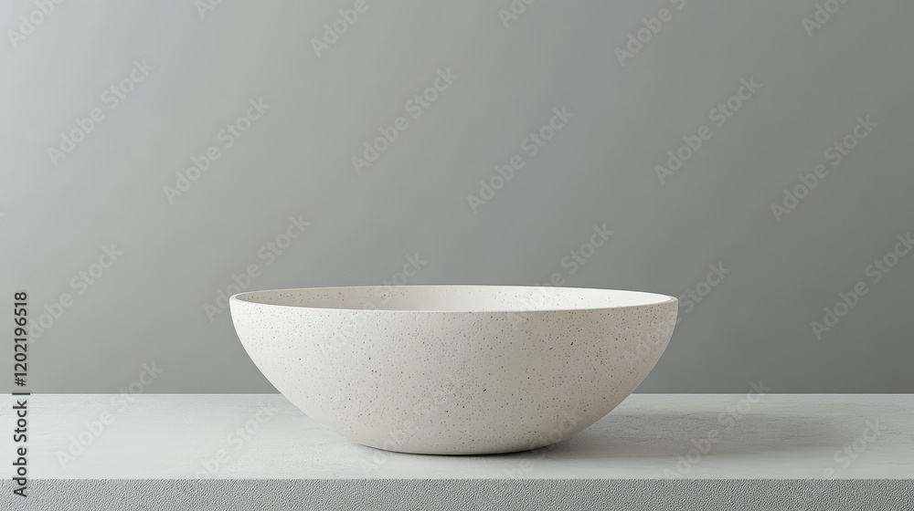 Minimalistic white ceramic bowl on a light gray surface against a smooth gray background with Copy Space for text Minimalistic white ceramic bowl on a light gray surface against a smooth gray background with Copy Space for text