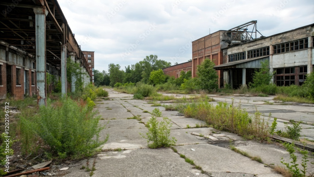 Abandoned and overgrown industrial site with crumbling buildings, industrial, overgrown Abandoned and overgrown industrial site with crumbling buildings, industrial, overgrown