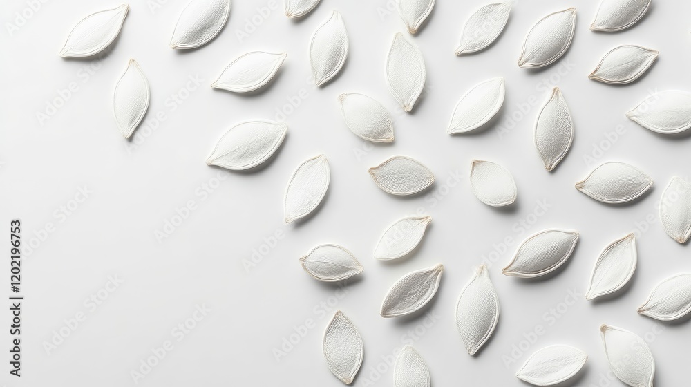 White pumpkin seeds arranged on a white surface with ample copy space for design elements. White pumpkin seeds arranged on a white surface with ample copy space for design elements.
