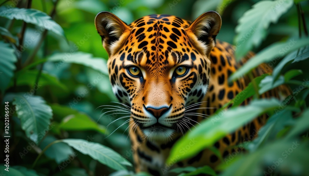 a jaguar peering through leaves with intense eyes. a jaguar peering through leaves with intense eyes.