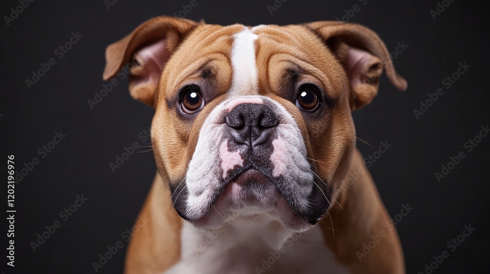 Portrait of an English Bulldog with expressive eyes and a focused gaze against a dark background Copy Space
