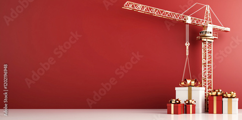 white tower crane lifts gift box against red background, creating festive atmosphere. scene combines construction and celebration, perfect for holiday themes
