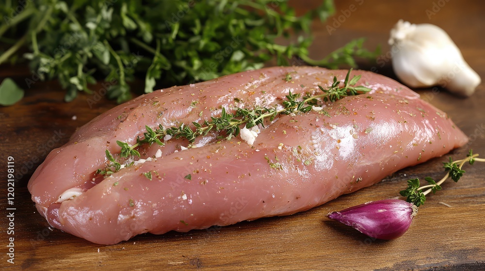 Raw chicken breast fillet garnished with thyme, surrounded by garlic and shallots on a wooden cutting board, Copy Space Raw chicken breast fillet garnished with thyme, surrounded by garlic and shallots on a wooden cutting board, Copy Space