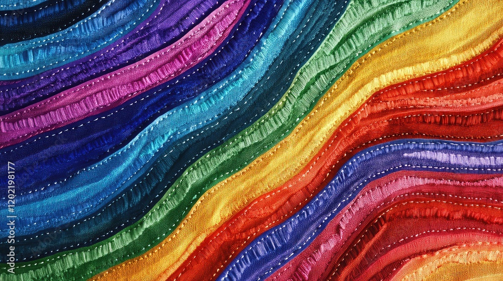Obraz premium Colorful fabric texture with wavy patterns and stitched details showcasing vibrant shades and Copy Space for text placement.
