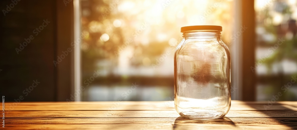 Glass jar on wooden table with sunlight and blurred background Copy Space Glass jar on wooden table with sunlight and blurred background Copy Space