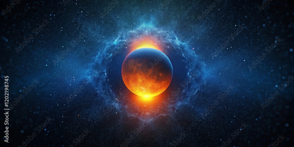 Vibrant abstract shapes digital space graphic design dark grainy background wide viewpoint glowing orange and blue concept