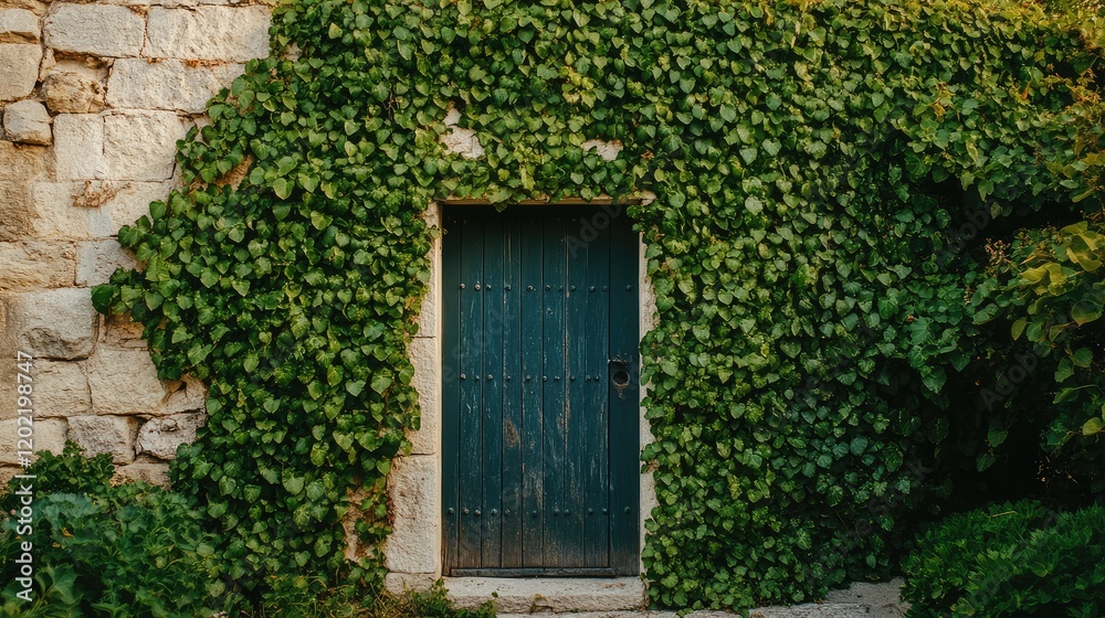 Ivy-covered stone wall with blue wooden door surrounded by greenery and foliage Copy Space Ivy-covered stone wall with blue wooden door surrounded by greenery and foliage Copy Space