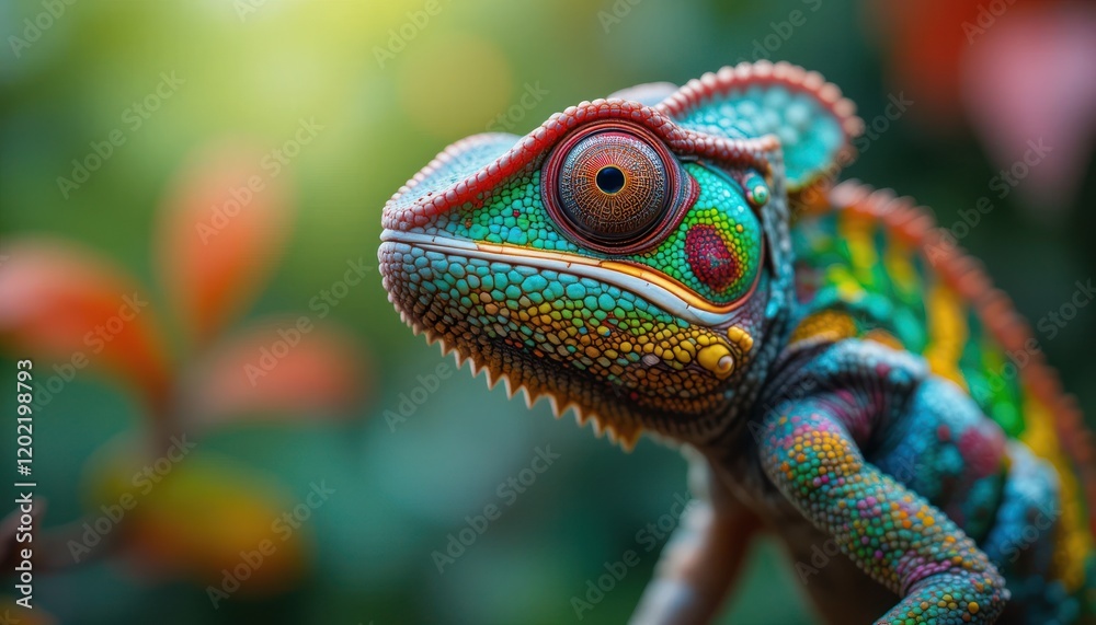 Green chameleon on a branch blending into nature with its camouflage scales Green chameleon on a branch blending into nature with its camouflage scales