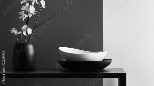 Modern minimalist still life with black and white bowl and vase on sleek table against contrasting wall with copy space photo