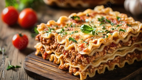 Delicious layered lasagna with ground meat and cheese on wooden board with cherry tomatoes and garlic in background Copy Space photo