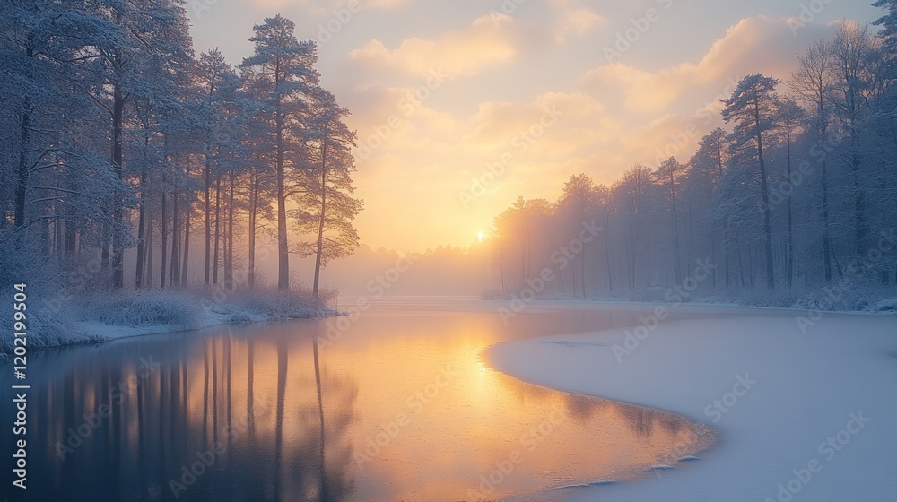 Fototapeta premium Winter sunrise over snowy lake, tranquil forest. Peaceful nature scene, ideal for calendar