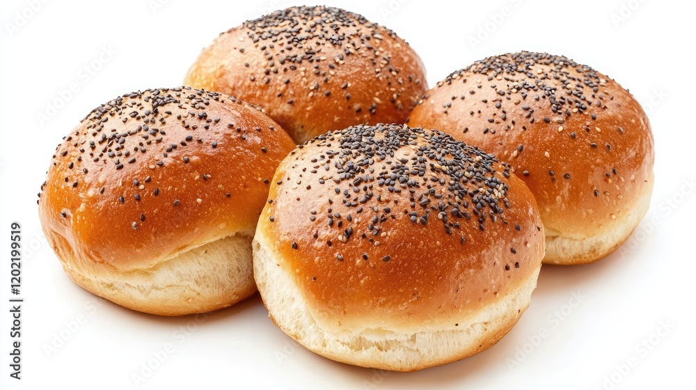 Freshly baked poppy seed buns arranged in a cluster against a white background with Copy Space. Freshly baked poppy seed buns arranged in a cluster against a white background with Copy Space.