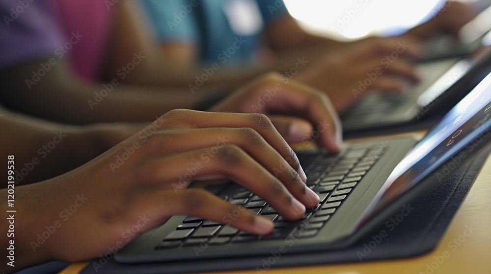 Close-up view of hands typing on a modern tablet keyboard in an office or educational setting, showcasing digital technology integration in contemporary work and learning environments. Close-up view of hands typing on a modern tablet keyboard in an office or educational setting, showcasing digital technology integration in contemporary work and learning environments.