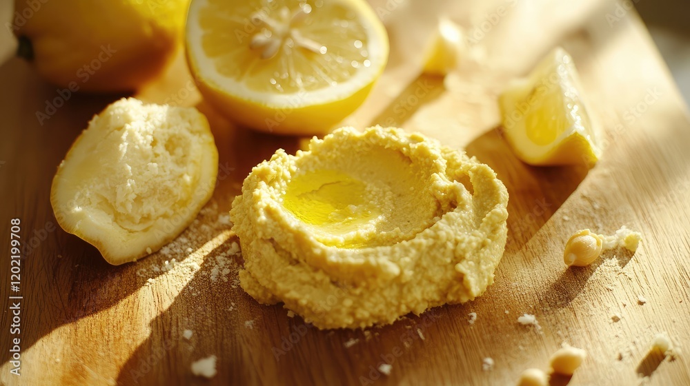 Lemon zest and lemon butter spread on a wooden cutting board with fresh lemon slices and pine nuts Copy Space Lemon zest and lemon butter spread on a wooden cutting board with fresh lemon slices and pine nuts Copy Space