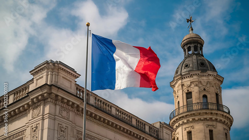 French Flag Waving Above a Historic Building