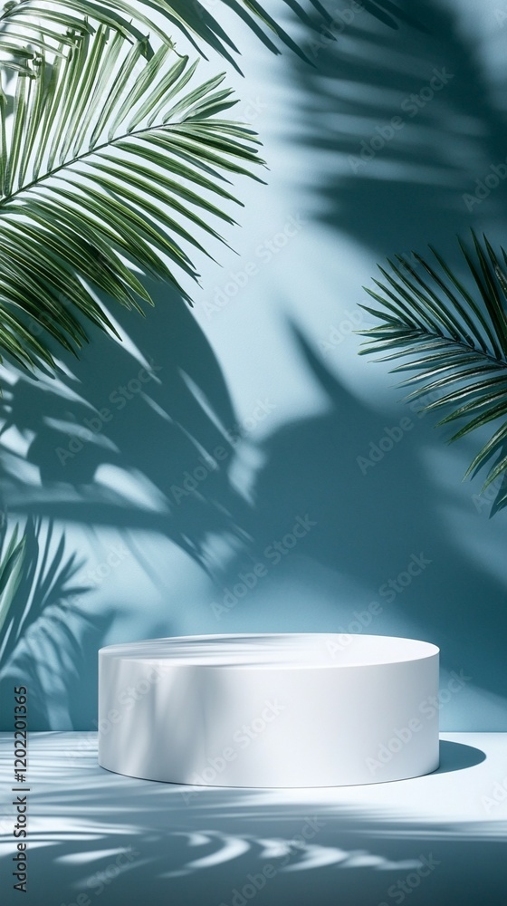 Minimalist white podium display with tropical palm leaf shadows casting dramatic patterns on turquoise background, creating modern aesthetic for product presentation. Minimalist white podium display with tropical palm leaf shadows casting dramatic patterns on turquoise background, creating modern aesthetic for product presentation.