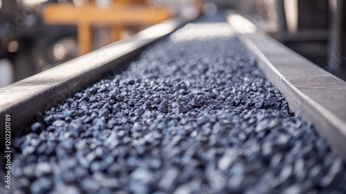 Conveyor belt transporting crushed stone aggregate in industrial setting with blurred background Copy Space photo