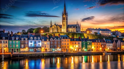 Minimalist Cobh: a tranquil Irish port city at night, cathedral spires silhouetted.