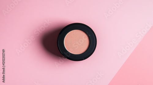 Cosmetic blush product in round black container on pink background with geometric design and copy space for text photo