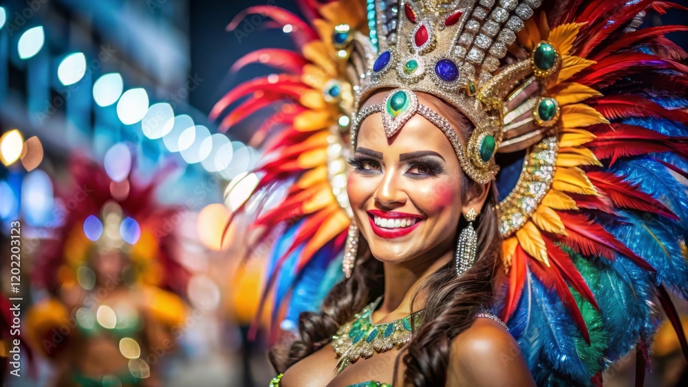 smiling woman in bright carnival costume with feathers at carnival in Rio de Janeiro, space for text smiling woman in bright carnival costume with feathers at carnival in Rio de Janeiro, space for text