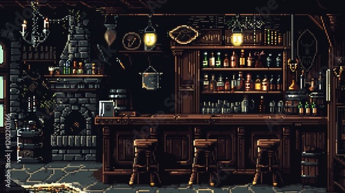 Dimly lit rustic tavern interior pixel art. Wooden furniture, stone fireplace, chandeliers. Retro gaming cartoon pixelated illustration. Medieval ambiance 8bit videogame pixelart image